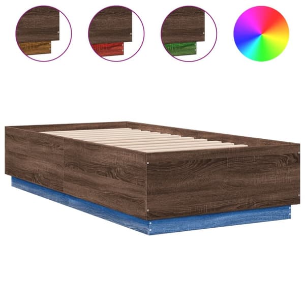 sengeramme med LED-lys 75x190 cm konstrueret træ brunt eg
