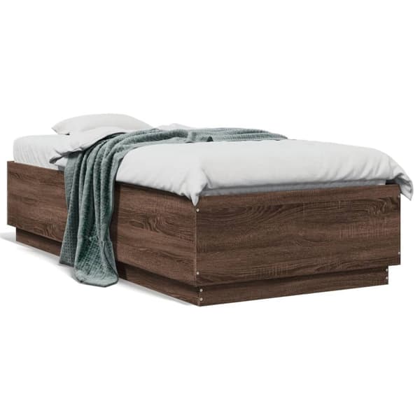 sengeramme med LED-lys 75x190 cm konstrueret træ brunt eg