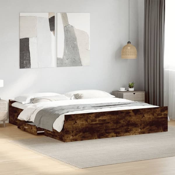 sengeramme med skuffer 200x200 cm konstrueret træ røget eg
