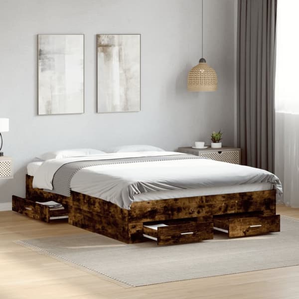 sengeramme med skuffer 120x190 cm konstrueret træ røget eg
