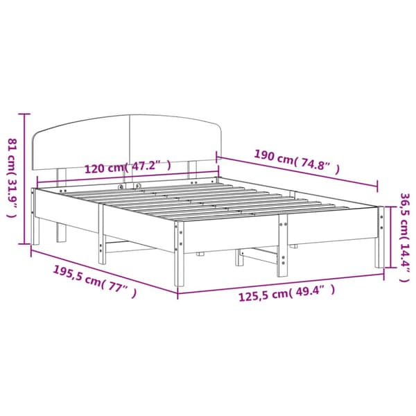 Sängram utan madrass vit 120x190 cm massiv furu