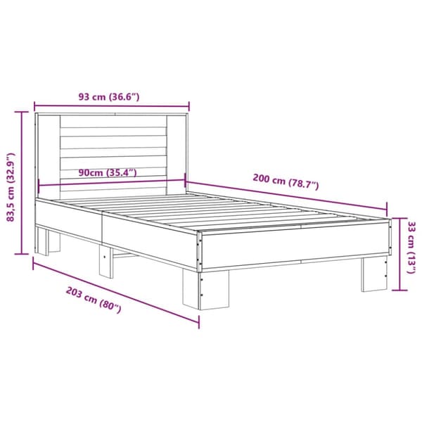 Sängynrunko musta 90x200 cm täysi puu ja metalli