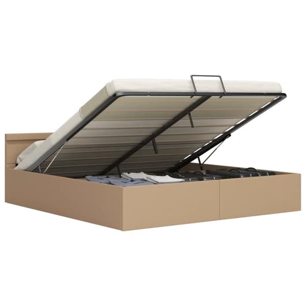 hydraulisk opbevaringsseng LED 160x200 cm kunstlæder cappuccino
