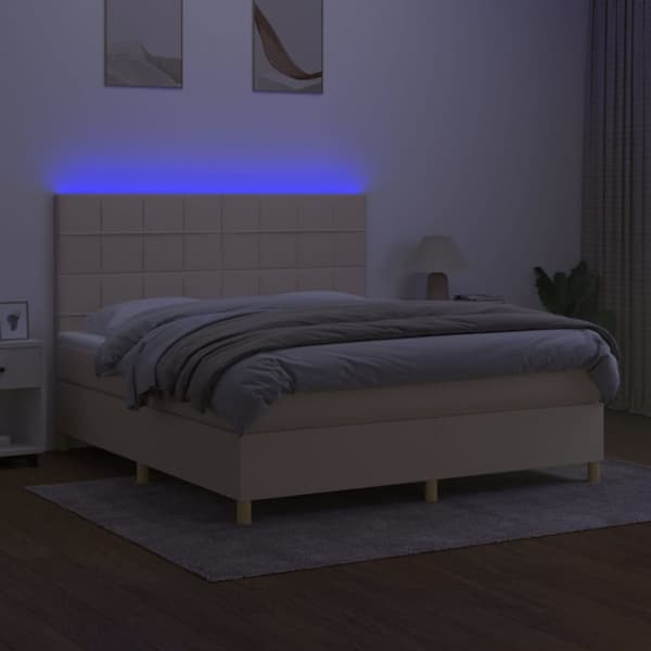 Ramsäng med madrass & LED gräddvit 160x200 cm tyg