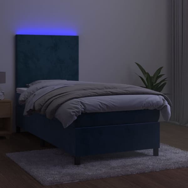 Mannermainen sänky, patja ja LED, sininen sametti 90x190 cm