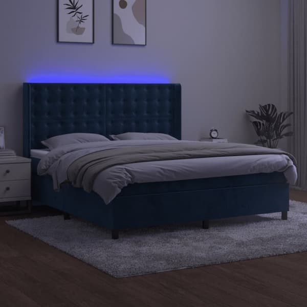Ramsäng med madrass & LED mörkblå 180x200 cm sammet