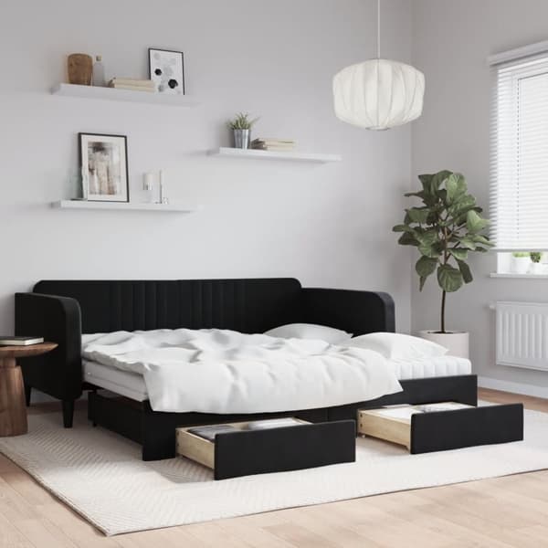 daybed med udtræk og skuffer 90x190 cm velour sort