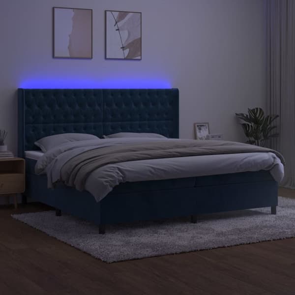 Mannermainen sänky, patja ja LED, sininen sametti 200x200cm