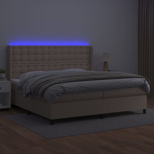 Ramsäng med bäddmadrass & LED cappuccino 200x200 cm konstläder