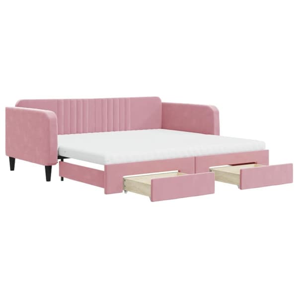 daybed med udtræk og skuffer 100x200 cm velour lyserød