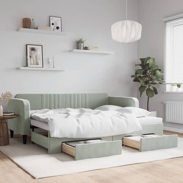 daybed med udtræk og skuffer 90x200 cm velour lysegrå