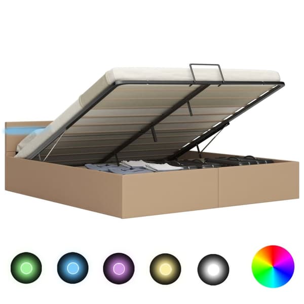 hydraulisk opbevaringsseng LED 180x200 cm kunstlæder cappuccino