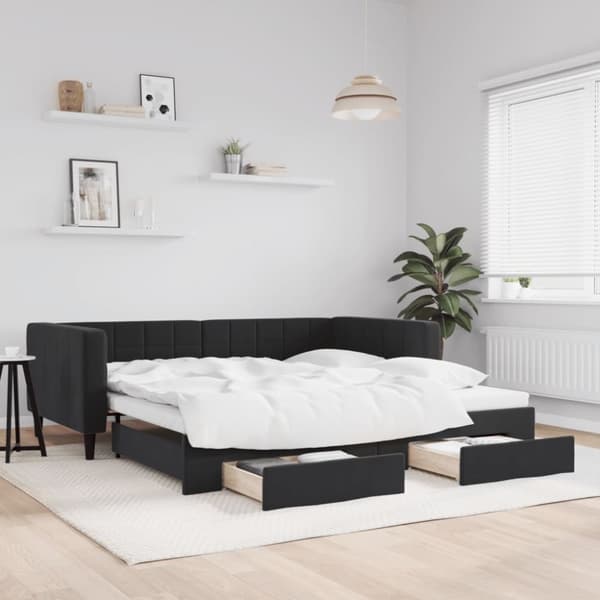 daybed med udtræk og skuffer 90x190 cm velour sort