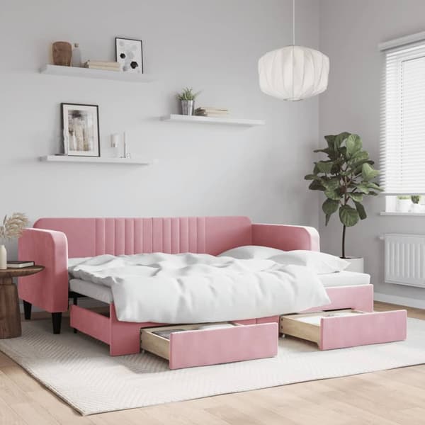 daybed med udtræk og skuffer 80x200 cm velour lyserød