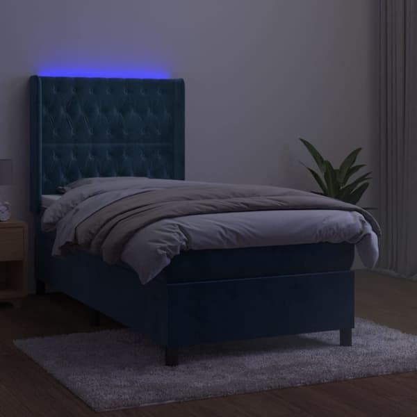 Mannermainen sänky, patja ja LED, sininen sametti 80x200 cm