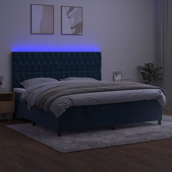 Ramsäng med madrass & LED mörkblå 200x200 cm sammet