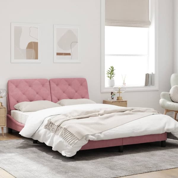 Sängram med LED-belysning rosa 140x190 cm sammet