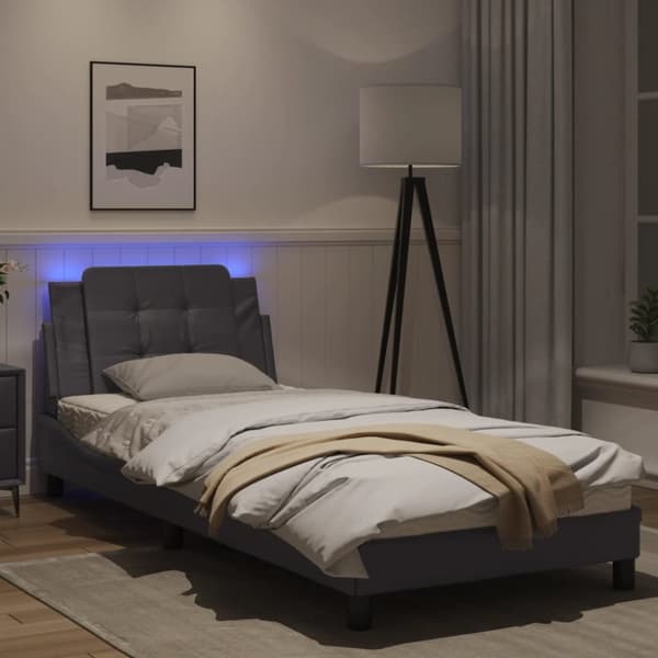 sengeramme med LED-lys 90x190 cm kunstlæder grå
