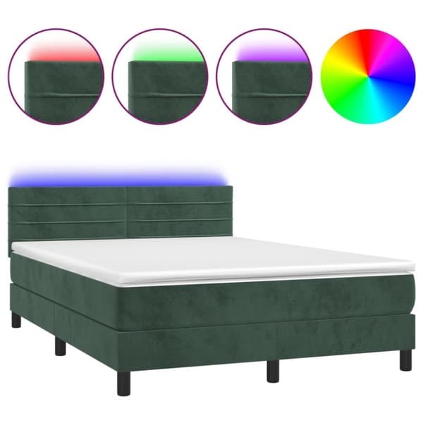 Ramsäng med madrass & LED mörkgrön 140x190 cm sammet