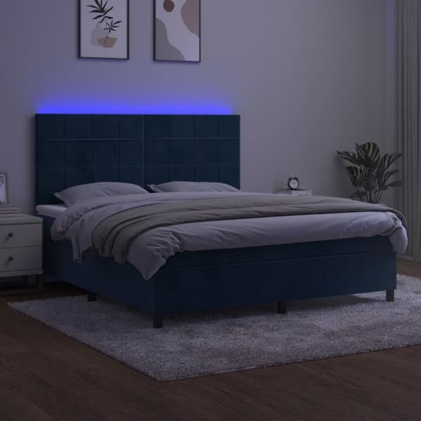 Ramsäng med madrass & LED mörkblå 160x200 cm sammet