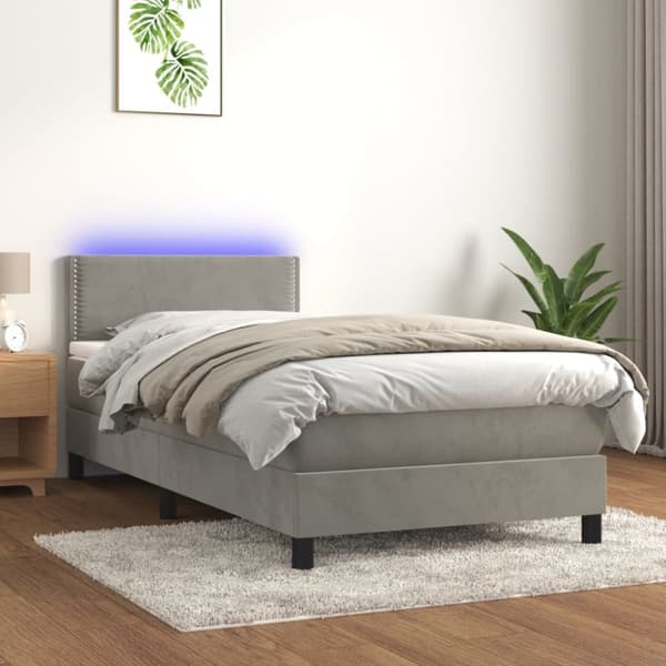 Ramsäng med madrass & LED ljusgrå 100x200 cm sammet