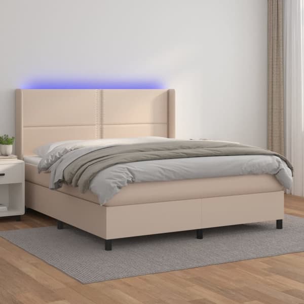 kontinentalseng LED-lys 180x200 cm kunstlæder cappuccinofarvet