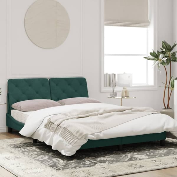 sengeramme med LED-lys 140x190 cm velour mørkegrøn