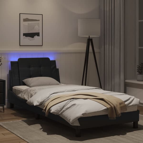sengeramme med LED-lys 90x190 cm kunstlæder sort
