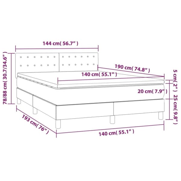 Ramsäng med madrass & LED mörkgrå 140x190 cm sammet