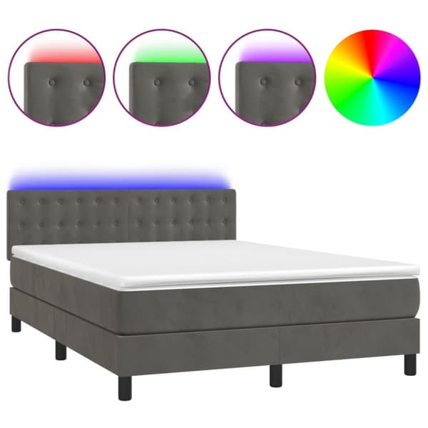 Ramsäng med madrass & LED mörkgrå 140x190 cm sammet