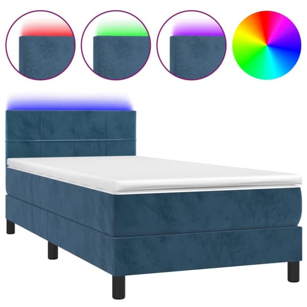 Ramsäng med madrass & LED mörkblå 100x200 cm sammet
