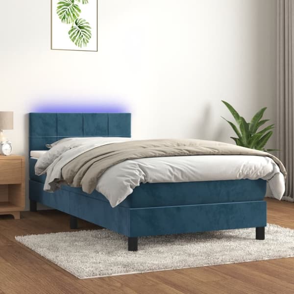 Ramsäng med madrass & LED mörkblå 100x200 cm sammet