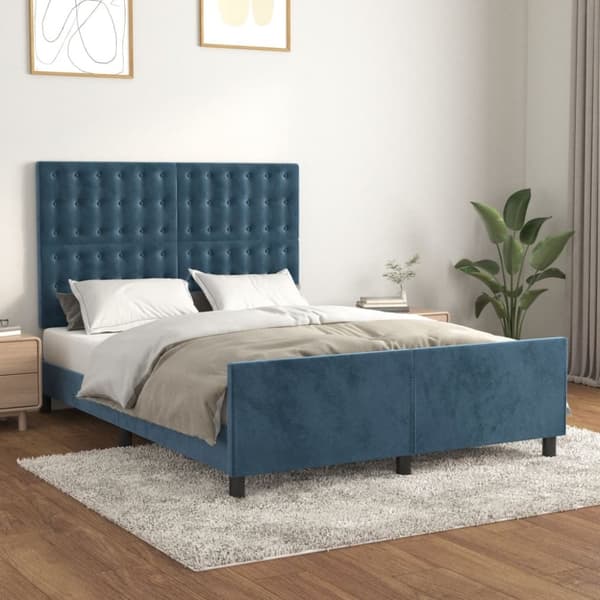 sengeramme med sengegavl 140x200 cm fløjl mørkeblå