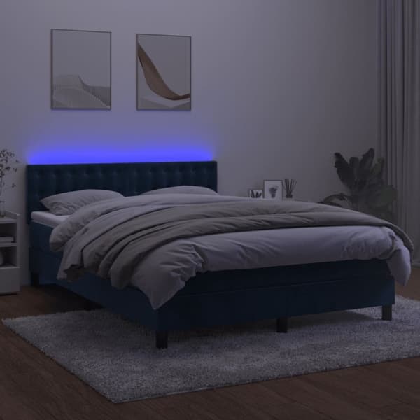 Mannermainen sänky, patja ja LED, sininen sametti 140x190cm