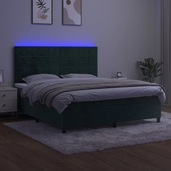 Ramsäng med madrass & LED mörkgrön 180x200 cm sammet
