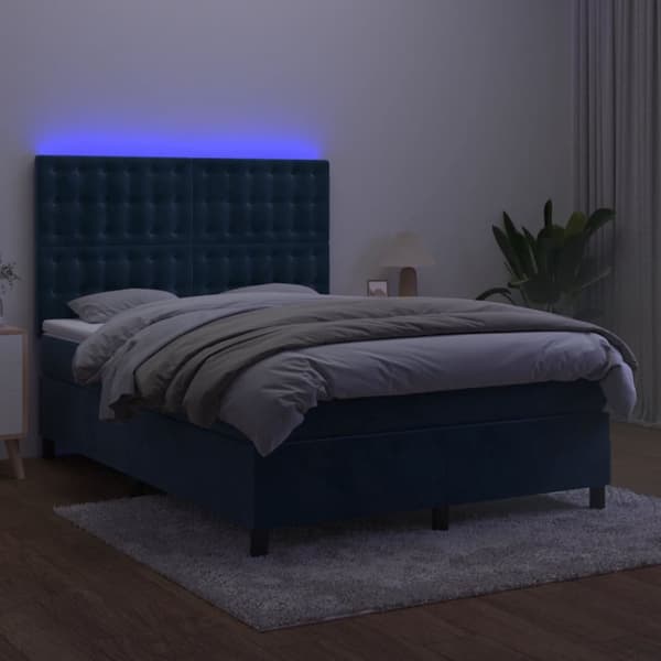 Ramsäng med madrass & LED mörkblå 140x200 cm sammet
