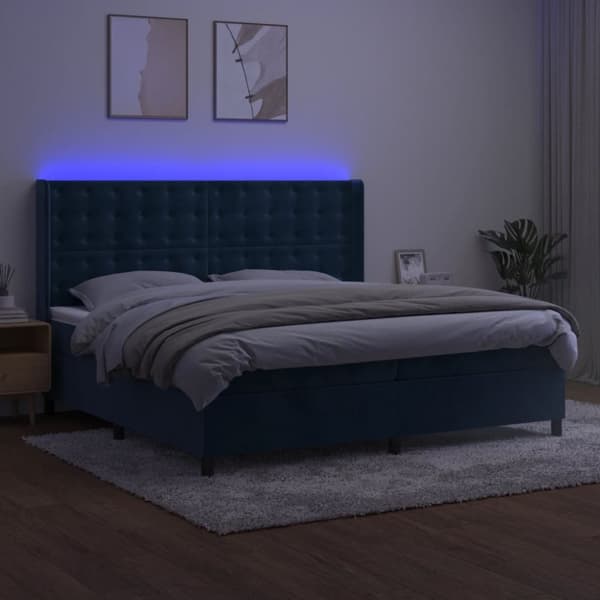 Mannermainen sänky, patja ja LED, sininen sametti 200x200cm