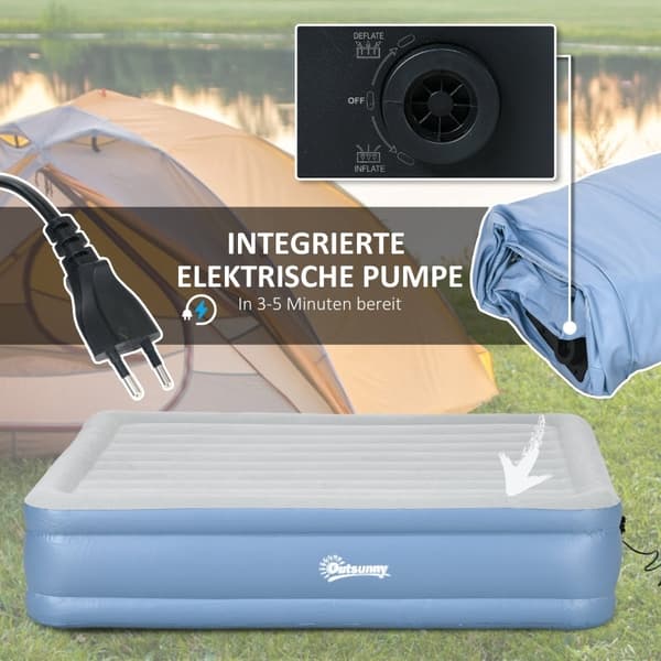 Rootz 2 Person oppustelig campingmadras - Luftseng - Blow-Up madras - Indbygget pumpe - Bæretaske - 203 cm x 152 cm x 46 cm - Lyseblå - Optimal kropss