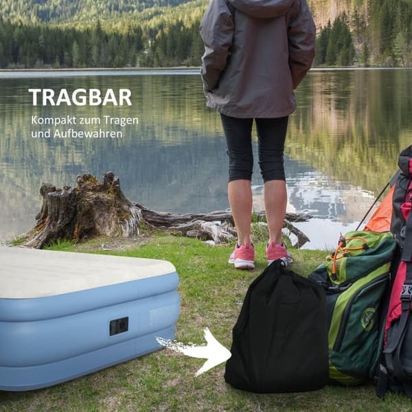 Rootz 2 Person oppustelig campingmadras - Luftseng - Blow-Up madras - Indbygget pumpe - Bæretaske - 203 cm x 152 cm x 46 cm - Lyseblå - Optimal kropss