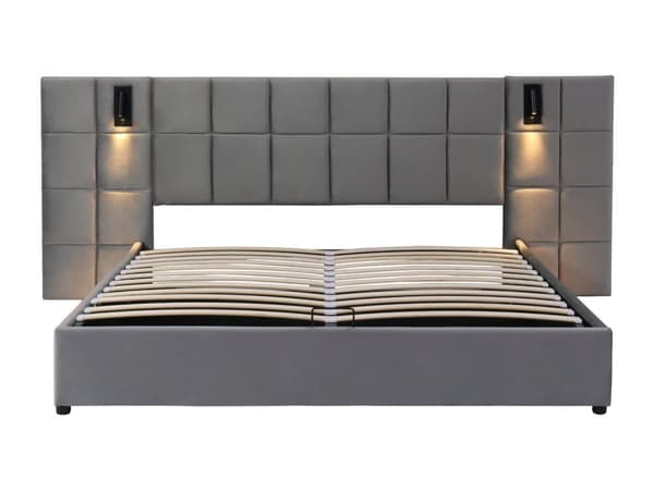 Möblerad sängkista i sammet - 140x200cm - med LED och USB-port - Grå (sängbord ingår ej)