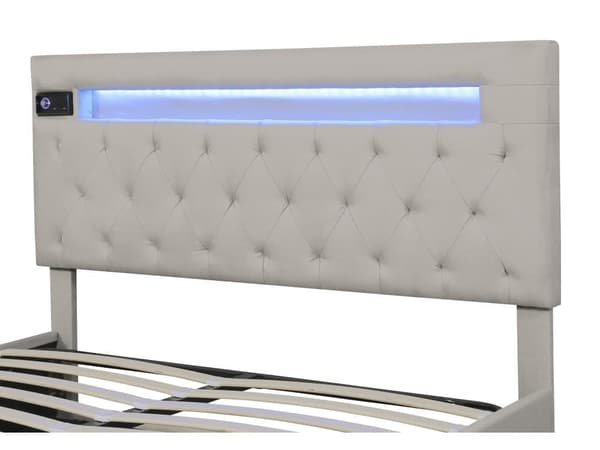 Dubbelsäng, stoppad säng, Bluetooth-spelare och LED-belysning, modern sängram med förvaringsutrymme (140x200cm)