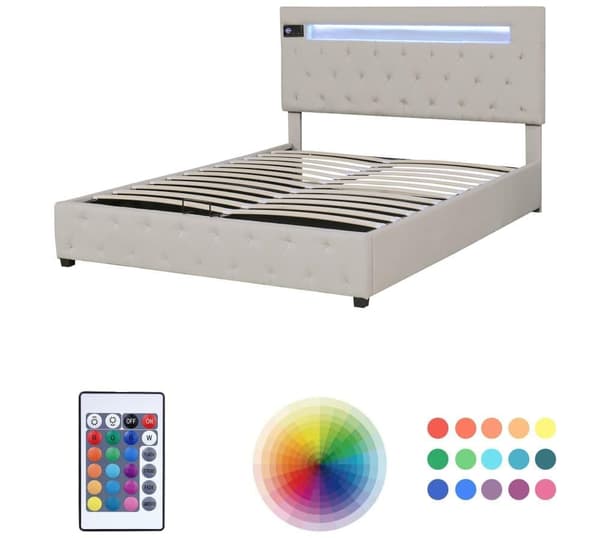 Dubbelsäng, stoppad säng, Bluetooth-spelare och LED-belysning, modern sängram med förvaringsutrymme (140x200cm)