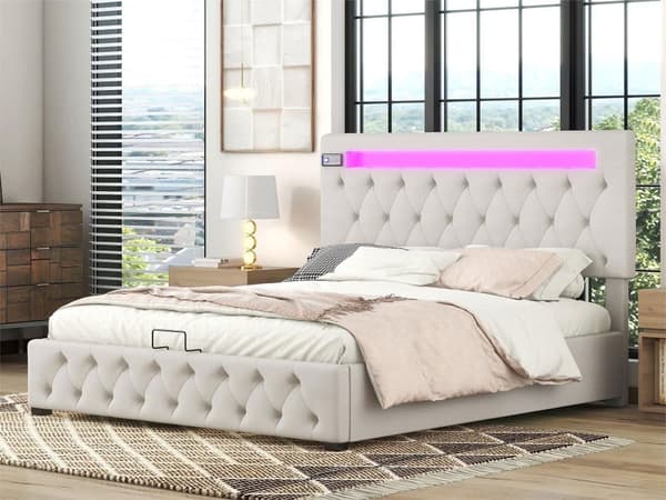 Parivuode, pehmustettu sänky, Bluetooth-soitin ja LED-valaistus, moderni sängyn runko säilytystilalla (140x200cm) Beige
