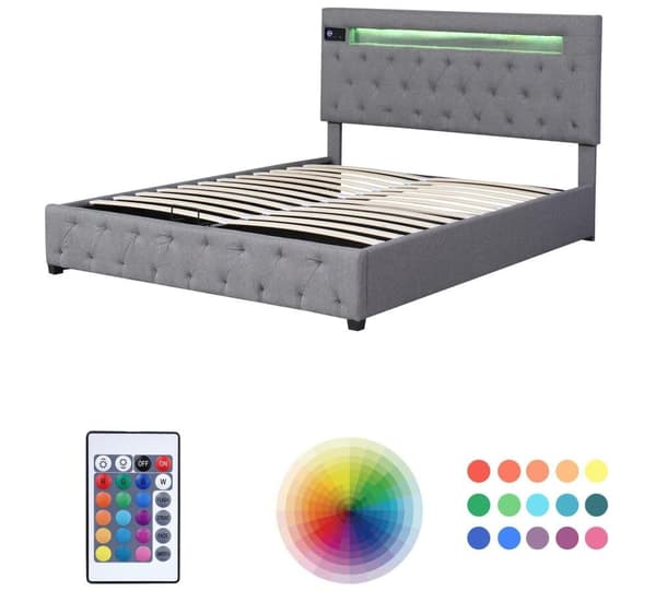 Dubbelsäng, stoppad säng, Bluetooth-spelare och LED-belysning, modern sängram med förvaringsutrymme (140x200cm)