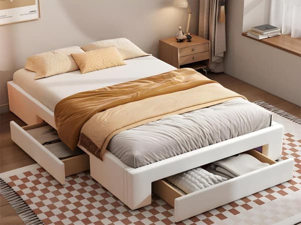 Flatbädd, tre förvaringsfack, utan sänggavel ， Möblerad dubbelsäng Beige 140*200cm