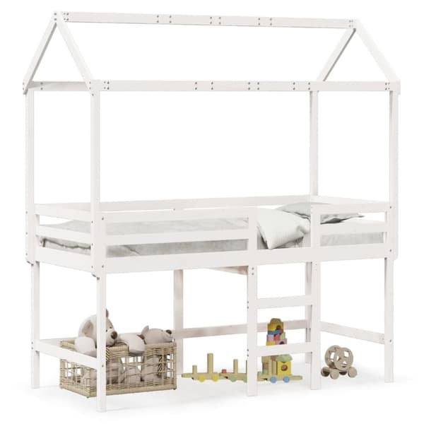 Våningssäng med stege och tak vit 90x200 cm massiv furu