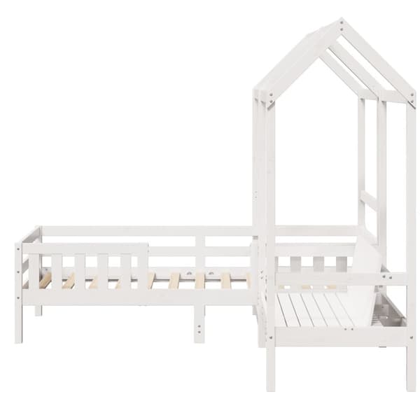Sängram med bänk och tak vit 100x200 cm massiv furu
