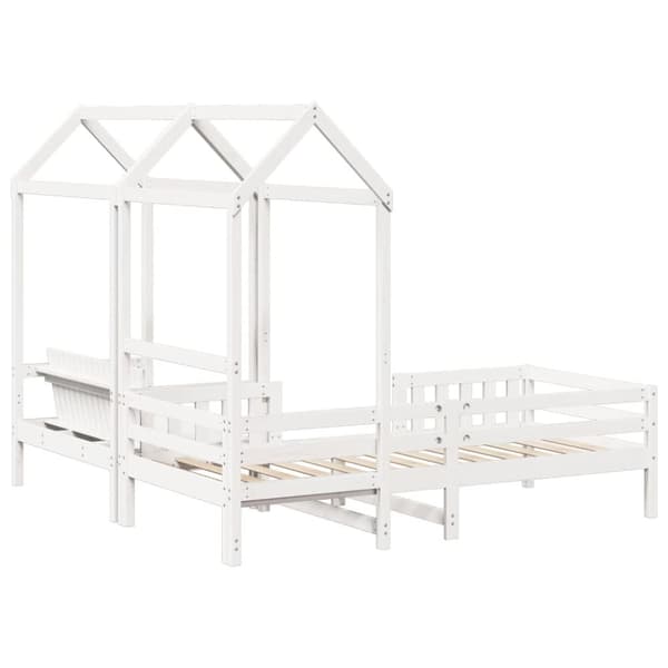 Sängram med bänk och tak vit 100x200 cm massiv furu