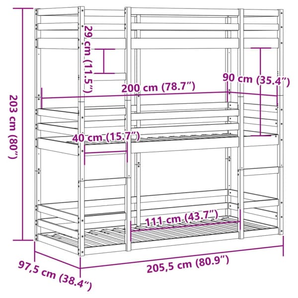 Våningssäng 3 våningar vit 90x200 cm massiv furu