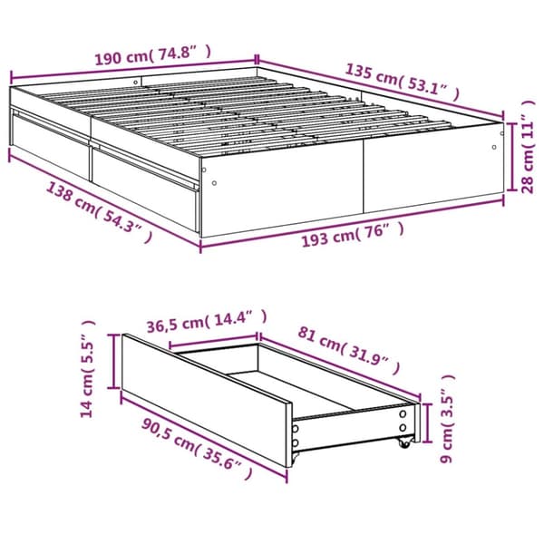 Sängynrunko laatikoilla betoninharmaa 135x190 cm tekninen puu